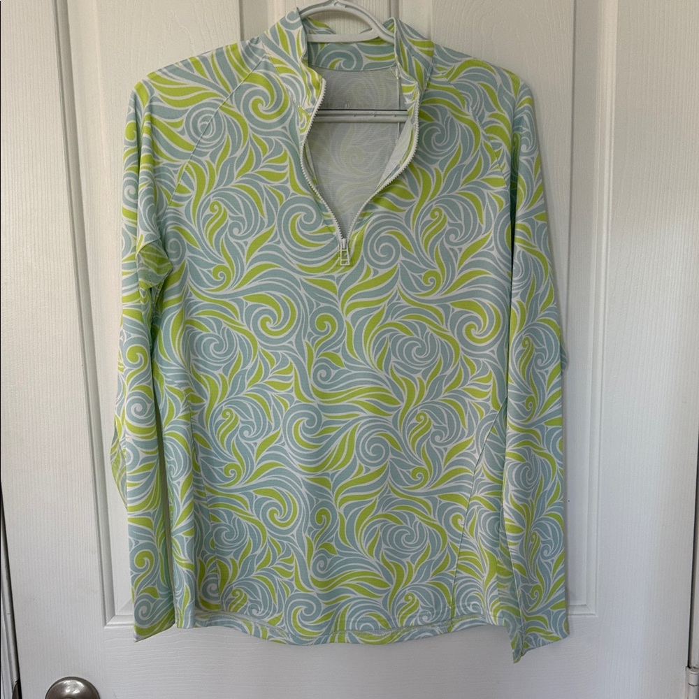 Sport Haley Green, Blue and White Swirl Patterned Tech Top NWT, M